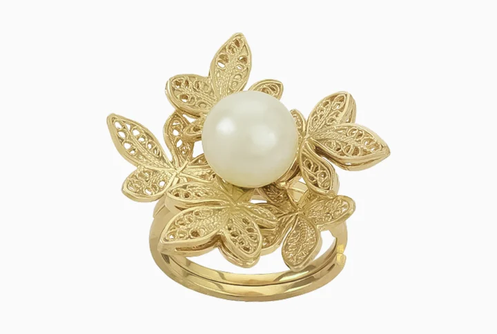 Anel Folhas de Plátano design filigrana Prata 925 com Pérola