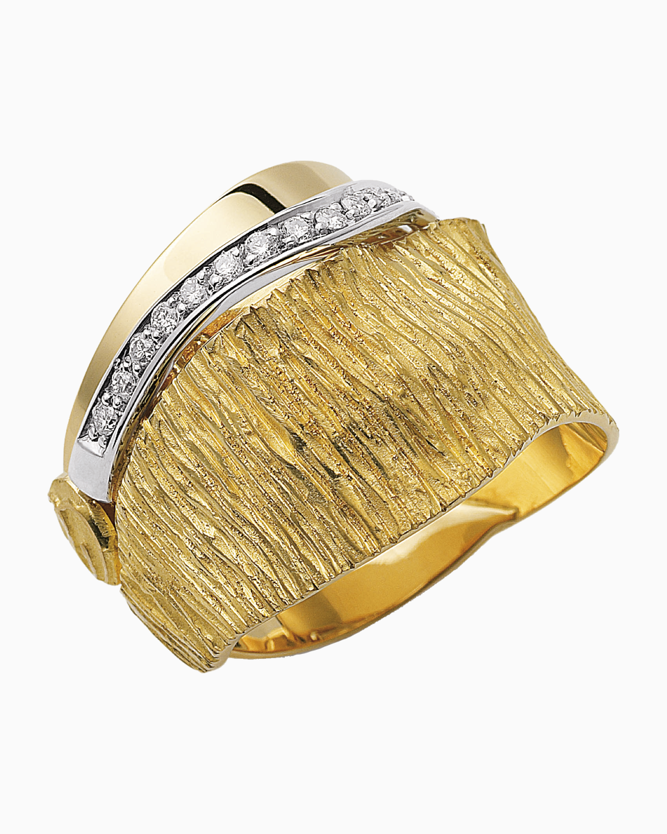 Anel Ouro 19,2Kt com textura raiada e Diamantes | PEDRO ALVES