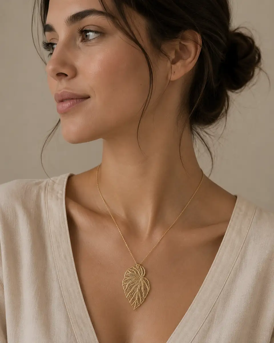 Colar Folha Filigrana Certificado em Ouro ou Prata modelo Colar Folha Filigrana Certificado em Ouro ou Prata modelo